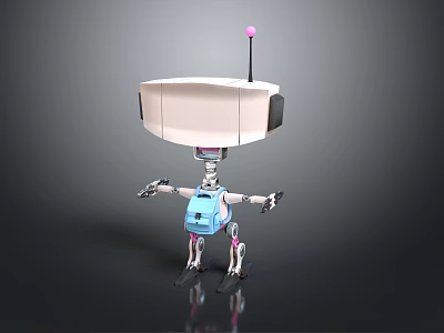 Robot With White Top Pink Antenna Blue Backpack Mechanical Arms Legs On Black Reflective Surface 3d model