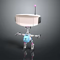 Robot With White Top Pink Antenna Blue Backpack Mechanical Arms Legs On Black Reflective Surface