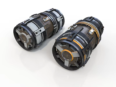 Mechanical Cylindrical Components With Metal Rings Bolted Connections And Orange Accents 3d model