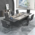 Modern Conference Table with Black Chairs Laptop Documents and Vase in Office Meeting Room