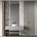 Elegant Modern Bathroom Vanity Design With Marble Walls Mirror Countertop And Striped Cabinets