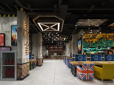 Modern Industrial Cyber Cafe Featuring Comfortable Seats Gaming Computers And Vibrant Gaming Ambiance 3d model