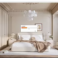 Elegant Modern Bedroom Interior With Beige Bed Nightstands Chandelier Framed Artwork And Plush Rug