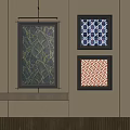Three Wall Mounted Abstract Paintings With Dark Background Golden Lines Blue And Orange Geometric Patterns