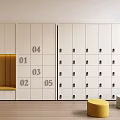Modern Wardrobe with Numbered Lockers Yellow Seat and Colorful Stools