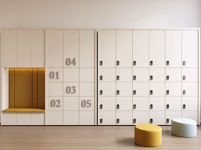 Modern Wardrobe with Numbered Lockers Yellow Seat and Colorful Stools 3d model