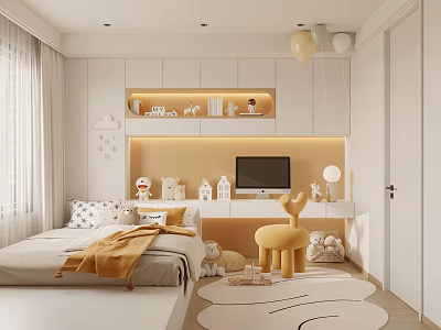 Cozy Modern Kids Room With Bed Built In Shelves And Decor 3d model