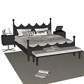 Elegant Double Bed With Crown Shaped Headboard Dark Wooden Frame Nightstands Bench And Books