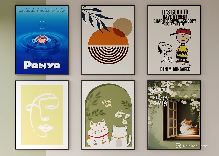 Vibrant Abstract Paintings with Geometric Patterns Leaf Elements and Line Drawn Face Designs 3d model