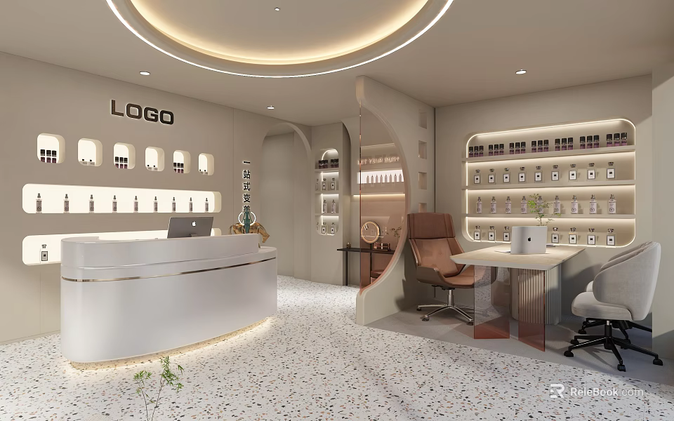 Modern Beauty Hair Salon Interior With Stylish Reception Desk And Product Shelves 3d model 
