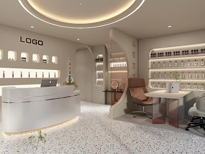 Modern Beauty Hair Salon Interior With Stylish Reception Desk And Product Shelves 3d model