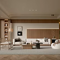 Modern Living Room Interior With Wooden Accent Wall Beige Sofa Coffee Table And Area Rug