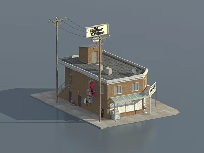 Brick Cafe Building with Roof Signboard Electric Pole Awnings and Windows 3d model