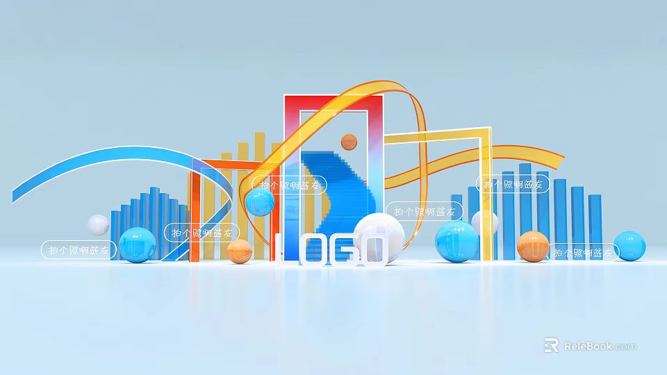 3D Typography with Colorful Geometric Shapes Curves Spheres and Step Structures on Light Blue Background 3d model 