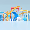 3D Typography with Colorful Geometric Shapes Curves Spheres and Step Structures on Light Blue Background