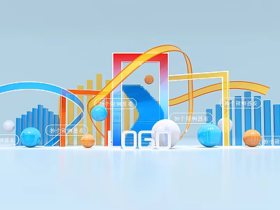 3D Typography with Colorful Geometric Shapes Curves Spheres and Step Structures on Light Blue Background 3d model