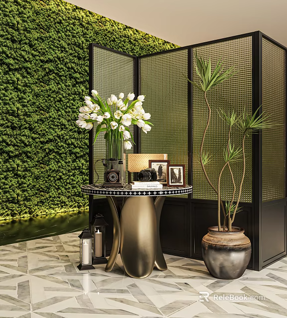 Ornamental Decor Combination With White Tulip Vase Photo Frames Camera And Green Plant Wall 3d model 