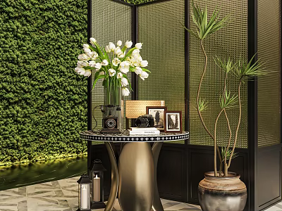 Ornamental Decor Combination With White Tulip Vase Photo Frames Camera And Green Plant Wall 3d model
