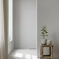 White Bedroom Interior With Wooden Ceiling Beige Curtains And Scenic Window View