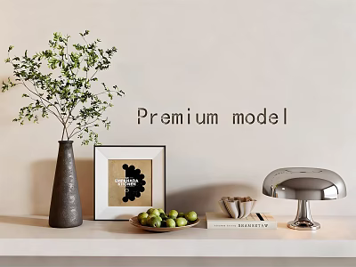 Premium Ornament Set With Grey Vase Green Foliage Framed Art Fruit Bowl And Silver Mushroom 3d model