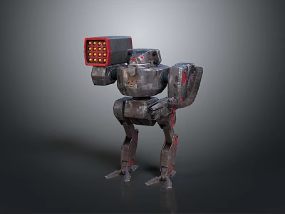 Mechanical Robot Character With Metallic Body And Red Weaponized Arm Design 3d model