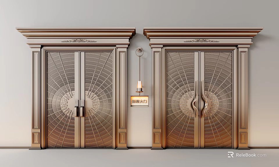 Golden Carved Doors With Symmetric Circular Patterns Brass Handles Hanging Lamp And House Number Plate 3d model 