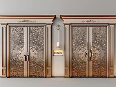 Golden Carved Doors With Symmetric Circular Patterns Brass Handles Hanging Lamp And House Number Plate 3d model