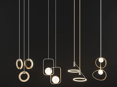 Modern Metallic Pendant Lights With Circular Square Designs And Stylish White Light Glow 3d model