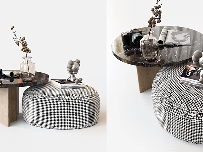 Modern Coffee Table Wooden Legs Black Tabletop Vase Dried Flowers Checkered Pouf Book 3d model