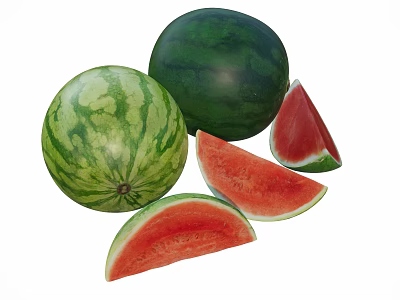 Fresh Juicy Watermelon With Whole And Sliced Red Flesh Green Rind 3d model
