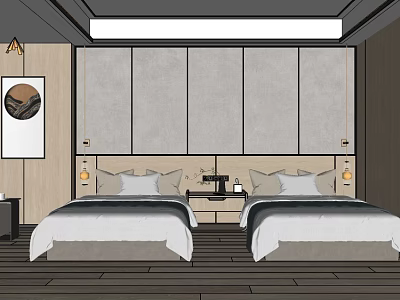 Minimalist Bedroom Interior With Twin Beds Wooden Flooring And Wall Art 3d model