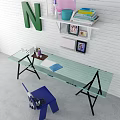 Glass Desk With Blue Chair Green Letter N And Shelf On White Brick Wall