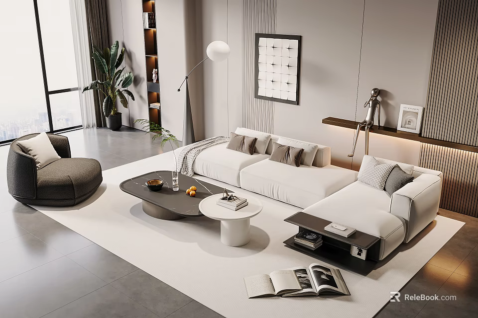 Modern Sofa Coffee Table Set with White Upholstery Round Table Throw Pillows and Area Rug 3d model 