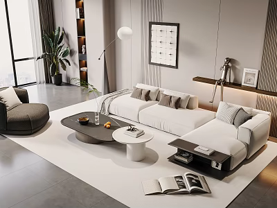 Modern Sofa Coffee Table Set with White Upholstery Round Table Throw Pillows and Area Rug 3d model