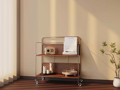 Stylish Rolling Cart With Radio Papers Vase And Bowl In Beige Wall Interior 3d model