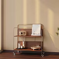 Stylish Rolling Cart With Radio Papers Vase And Bowl In Beige Wall Interior