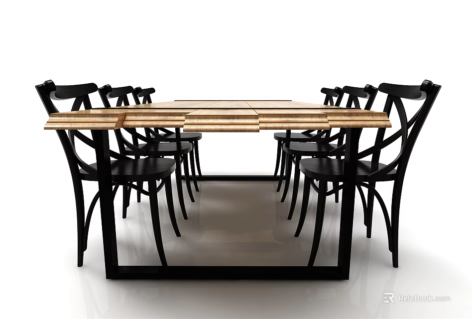 Modern Dining Table Set With Wooden Top And Black Curved Leg Chairs 3d model 