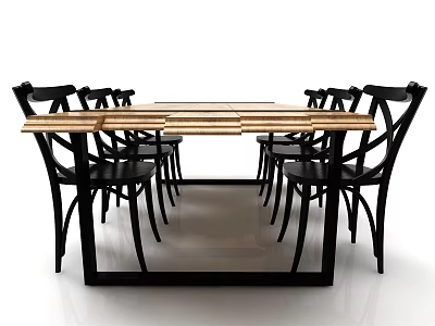Modern Dining Table Set With Wooden Top And Black Curved Leg Chairs 3d model