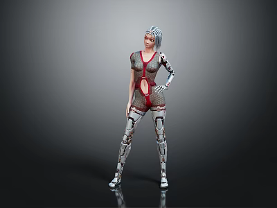 Sci Fi Game Movie Character With Silver Hair Red Gray Bodysuit And Mechanical Limbs 3d model