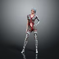 Sci Fi Game Movie Character With Silver Hair Red Gray Bodysuit And Mechanical Limbs