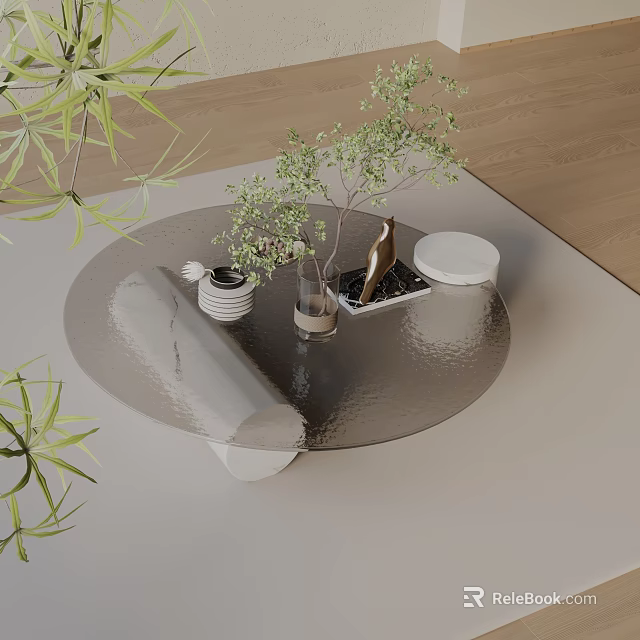 Modern Minimalist Living Room Sofa Coffee Table Set With Round Glass Top And Decorative Plants 3d model 