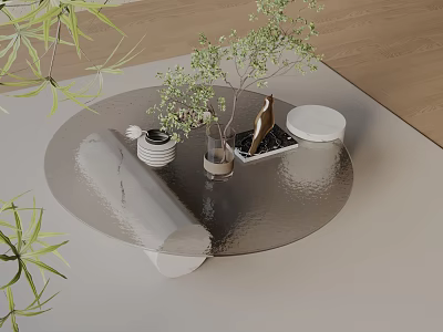 Modern Minimalist Living Room Sofa Coffee Table Set With Round Glass Top And Decorative Plants 3d model