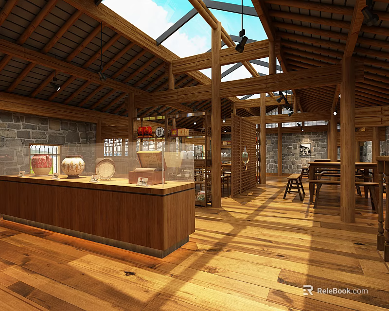 Traditional Rustic Interior Space With Wooden Roof Skylights Stone Walls And Display Counter 3d model 