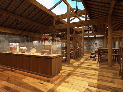 Traditional Rustic Interior Space With Wooden Roof Skylights Stone Walls And Display Counter 3d model