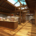 Traditional Rustic Interior Space With Wooden Roof Skylights Stone Walls And Display Counter