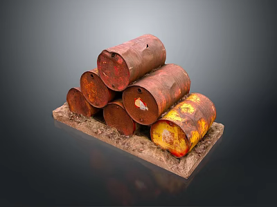 Old Weathered Rusty Oil Drums Stacked on Wooden Board as Household Items 3d model