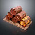 Old Weathered Rusty Oil Drums Stacked on Wooden Board as Household Items