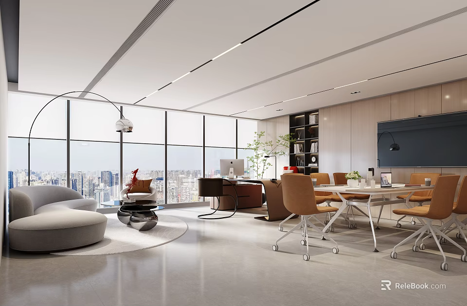Modern Office Space With Large Windows Ergonomic Furniture And City View 3d model 