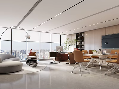 Modern Office Space With Large Windows Ergonomic Furniture And City View 3d model