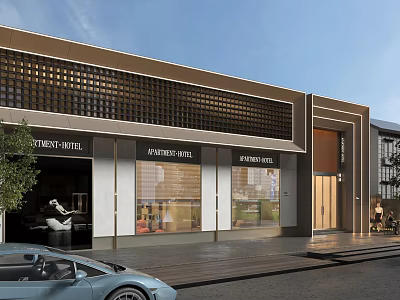 Modern Hotel Facade Design With Glass Windows And Stylish Signage Architecture 3d model